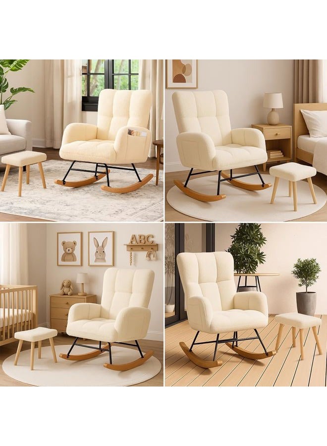 COMHOMA Nursery Rocking Chair with Ottoman,Teddy Glider Rocking Chair,Accent Chair with High Backrest Reading Chair for Adult,Nursery,Bedroom,Living Room,Offices(Beige with Ottoman) - Image 3
