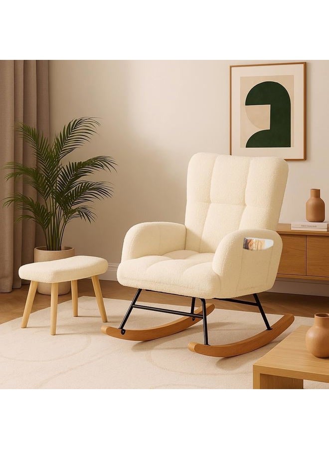 COMHOMA Nursery Rocking Chair with Ottoman,Teddy Glider Rocking Chair,Accent Chair with High Backrest Reading Chair for Adult,Nursery,Bedroom,Living Room,Offices(Beige with Ottoman) - Image 1