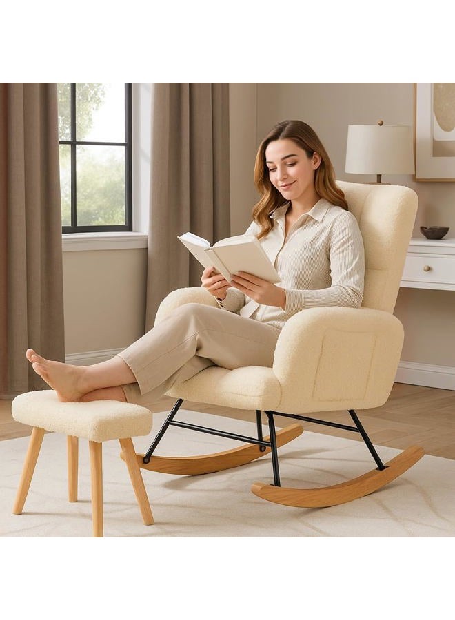 COMHOMA Nursery Rocking Chair with Ottoman,Teddy Glider Rocking Chair,Accent Chair with High Backrest Reading Chair for Adult,Nursery,Bedroom,Living Room,Offices(Beige with Ottoman) - Image 4