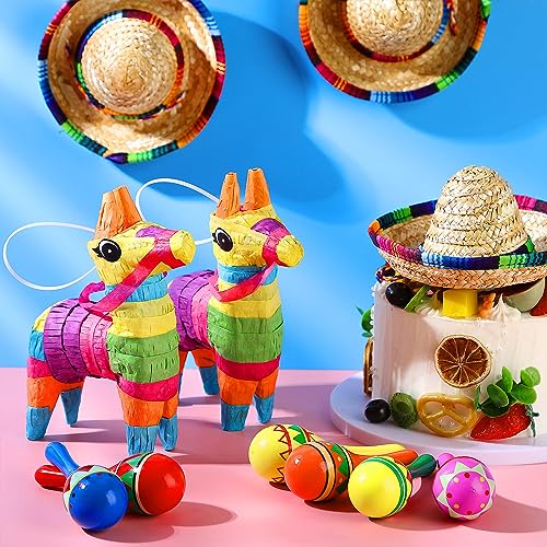 Hungdao 24 Pcs Mexican Fiesta Decorations Includes Mini Donkey Pinata Wooden Fiesta Maracas Mini Sombrero Hats Cinco De Mayo Decorations for Birthday Party Supplies(Delicate) - Image 5