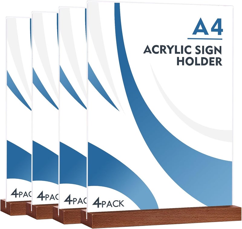 DONGLI A4 Acrylic Sign Holder,(4 Pack) T-Shape Wooden Base Poster Menu Holder,Plastic Display Stands Double Sided for Tables Hotel Conference - Image 1
