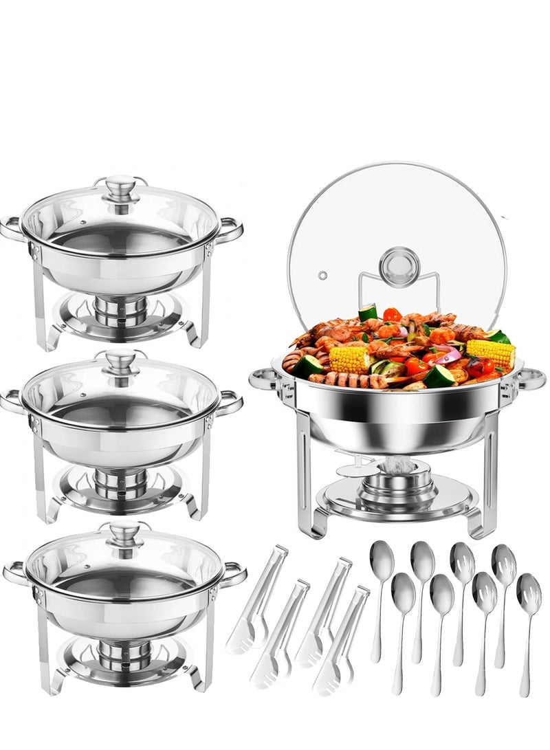 4 Pack Chafing Dish Buffet Set 5 Qt, 5L Stainless Steel Chafing Dishes,Round Catering Warmer Server with Glass Lid & Cover Holder,Food Warmers for Parties, Wedding,Birthday - Image 1