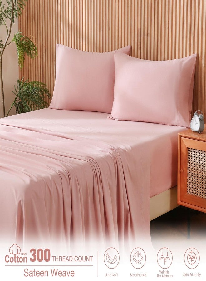 JSD 100% Cotton Sheet Set Twin, Dusty Pink Sateen Sheets 300 Thread Count, Soft Breathable Cooling Bed Sheets Deep Pocket - Image 3