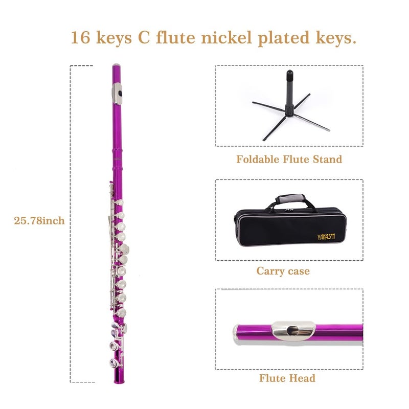 YANASON Pink C Flute Closed Hole 16 Keys Flute Nickel-Plated for Beginner, Student and Professionals with Carrying case, Metal stand, Gloves, Tuning Rod, Cleaning kit(Pink) - Image 2