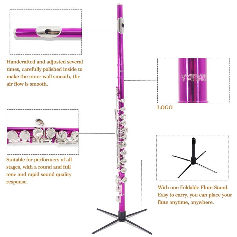 YANASON Pink C Flute Closed Hole 16 Keys Flute Nickel-Plated for Beginner, Student and Professionals with Carrying case, Metal stand, Gloves, Tuning Rod, Cleaning kit(Pink) - Image 5