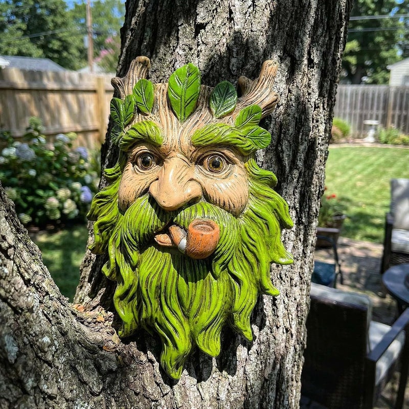 Euiroet 9.9" Whimsical Tree Face Sculpture, Garden Peeker Statue, Outdoor Trunk Tree Huggers Art, Landscape Accent Ornament, Hanging Fairy Elve Figurine for Yard Art, Trees Decor Wall Mounted Statues - Image 2