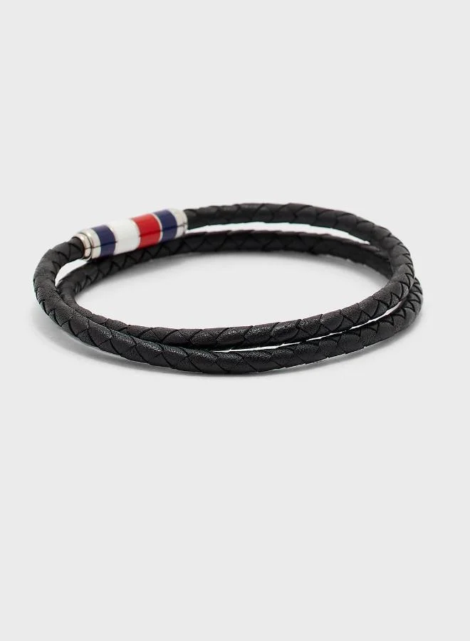TOMMY HILFIGER Mens Bracelet With Double-Wrap Braided Black Leather - 2790056