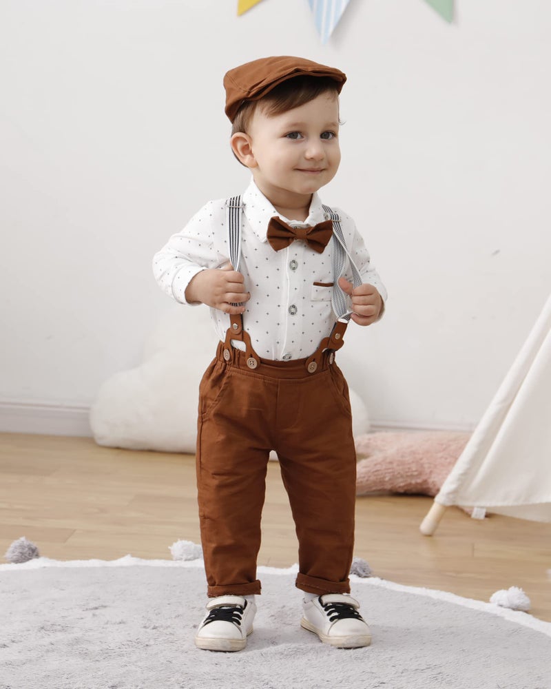 ZOEREA Baby Boy Suit 0-24M Gentleman Outfit Clothes Set Infant Long Sleeve Dress Shirt+Suspender Pants+Bowtie+Beret Hat - Image 3