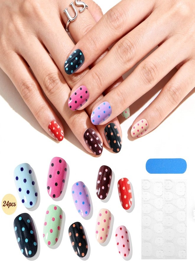 U-Shinein Medium Oval Press on Nails, Polka Dot Polka Dot Colorful Fake Nails Glossy Pretty Artificial Reusable False Nails with Jelly Glue Tabs Easy Apply 24 Pcs - Image 2