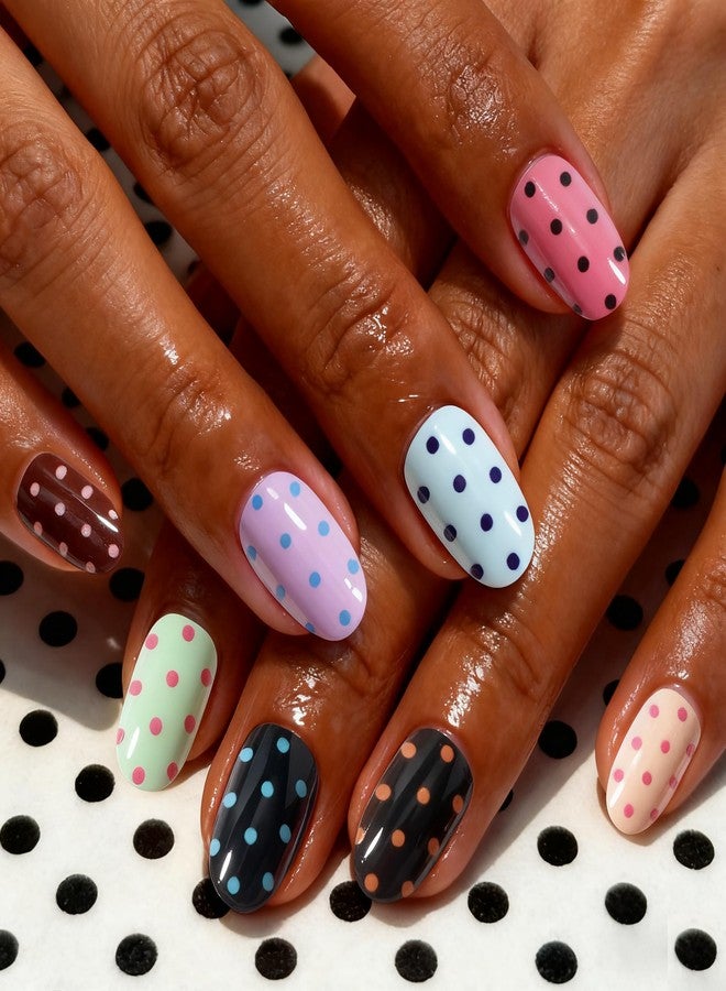 U-Shinein Medium Oval Press on Nails, Polka Dot Polka Dot Colorful Fake Nails Glossy Pretty Artificial Reusable False Nails with Jelly Glue Tabs Easy Apply 24 Pcs - Image 1