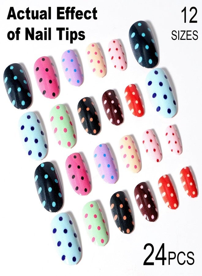 U-Shinein Medium Oval Press on Nails, Polka Dot Polka Dot Colorful Fake Nails Glossy Pretty Artificial Reusable False Nails with Jelly Glue Tabs Easy Apply 24 Pcs - Image 3