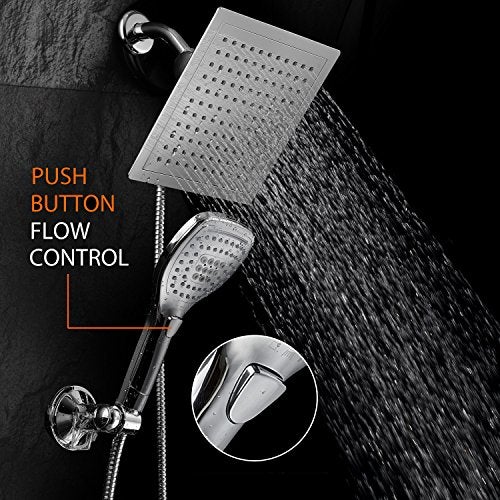 Dream Spa Ultra-Luxury 9" Rainfall Shower Head/Handheld Combo. Convenient Push-Button Flow Control Button for easy one-handed operation. Switch flow settings with the same hand! Premium Chrome - Image 3