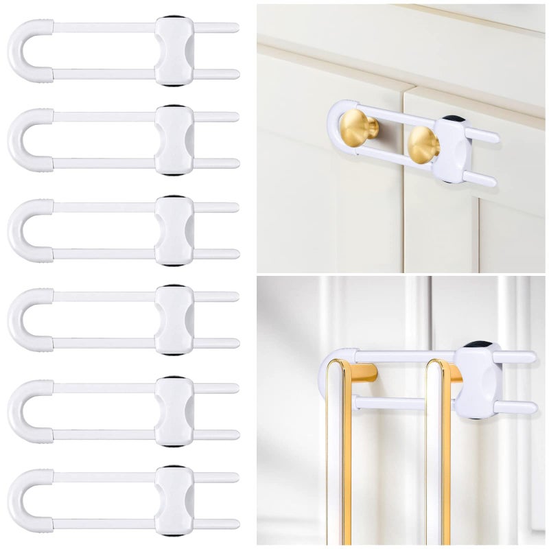 Modacraft 6 Packs Sliding Cabinet Locks, Modacraft Baby Proofing U-Shaped Child Safety Latches Adjustable White Locks for Handles Knobs Drawers Closet Cupboard - Image 1
