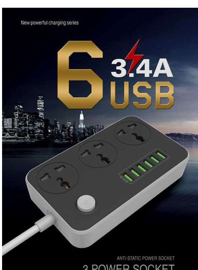 6-USB Ports Power Strip أسود / رمادي 162 x 97 x 38millimeter - Image 2