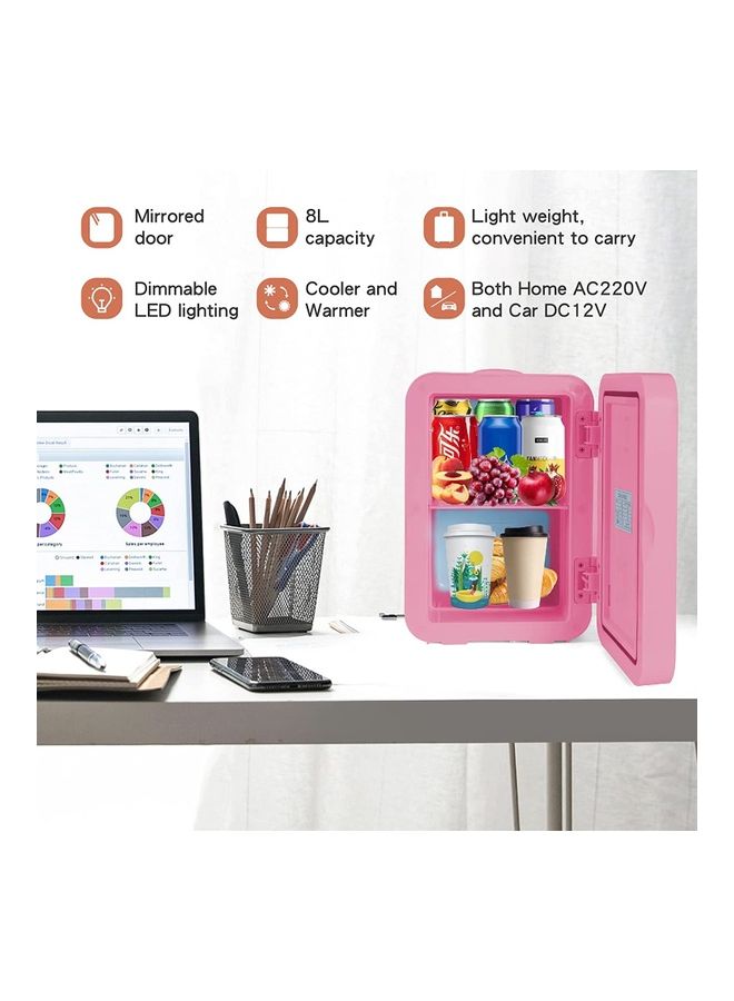 Arabest Portable 8L Mini Makeup Fridge with LED Light Mirror Cosmetic Storage Cooler and Warmer Freezer Pink - Image 2