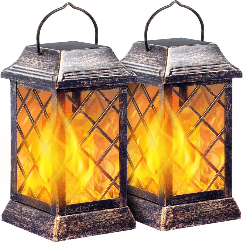 TomCare Solar Lights Outdoor Flickering Flame Metal Solar Lantern Outdoor Hanging Decorative Lanterns Heavy Duty Waterproof Umbrella Decorations Lighting for Patio Garden Deck Yard, 2 Pack (Bronze) - Image 1