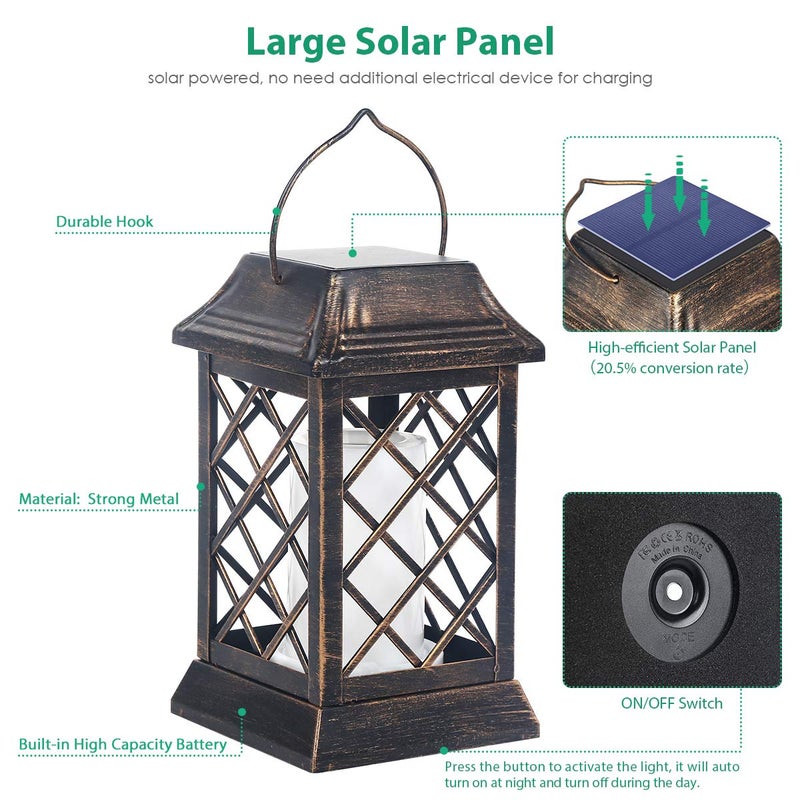 TomCare Solar Lights Outdoor Flickering Flame Metal Solar Lantern Outdoor Hanging Decorative Lanterns Heavy Duty Waterproof Umbrella Decorations Lighting for Patio Garden Deck Yard, 2 Pack (Bronze) - Image 3