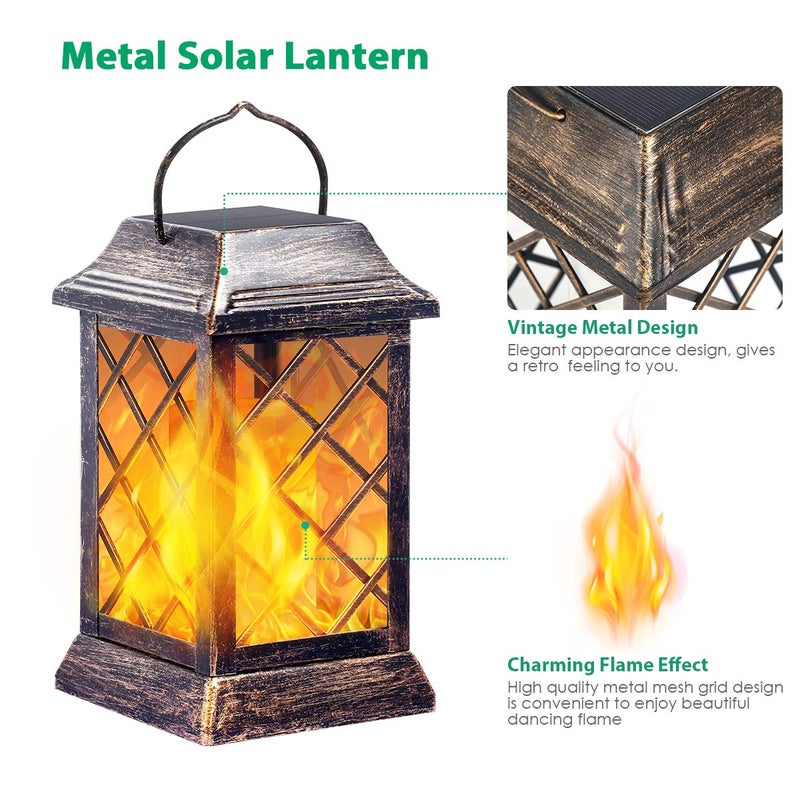 TomCare Solar Lights Outdoor Flickering Flame Metal Solar Lantern Outdoor Hanging Decorative Lanterns Heavy Duty Waterproof Umbrella Decorations Lighting for Patio Garden Deck Yard, 2 Pack (Bronze) - Image 2