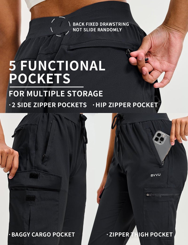 BVVU Women's Hiking Pants Lightweight Quick Dry Travel Outdoor Pants Waterproof Work Cargo Joggers with Zipper Pockets Black - Image 4