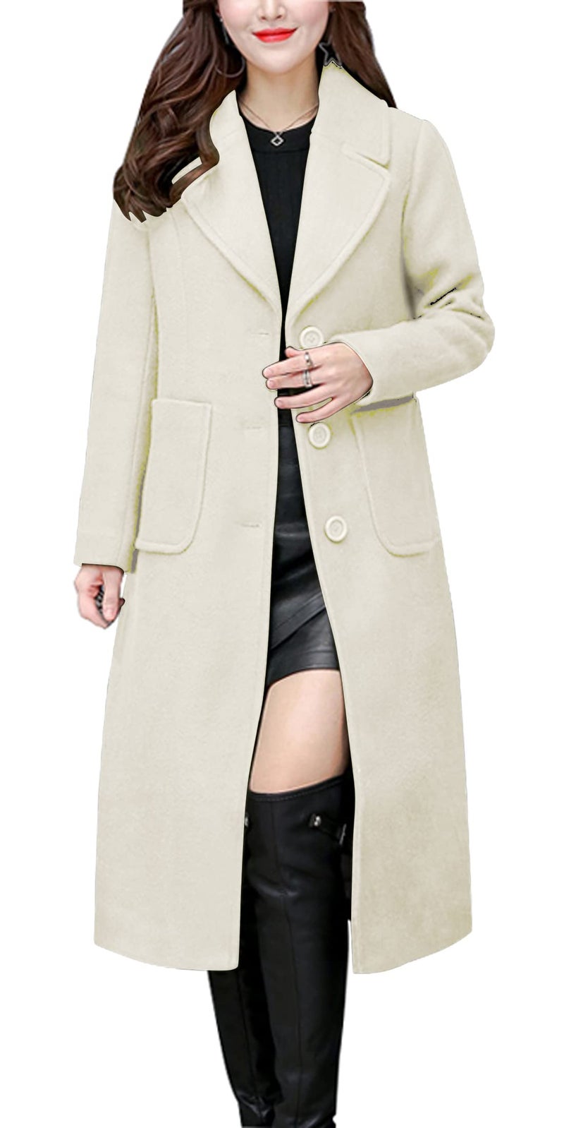 chouyatou Womens Big Notch Lapel Single Breasted MidLong Wool Blend Coat Small Off White
