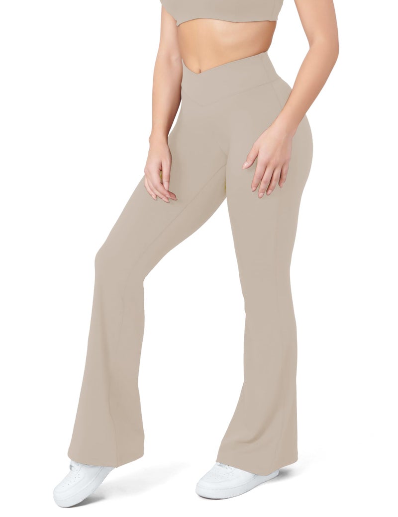 HEGALY Women's Flare Yoga Pants - Crossover Flare Leggings Buttery Soft High Waisted Workout Casual Bootcut Pants Light Khaki - Image 4