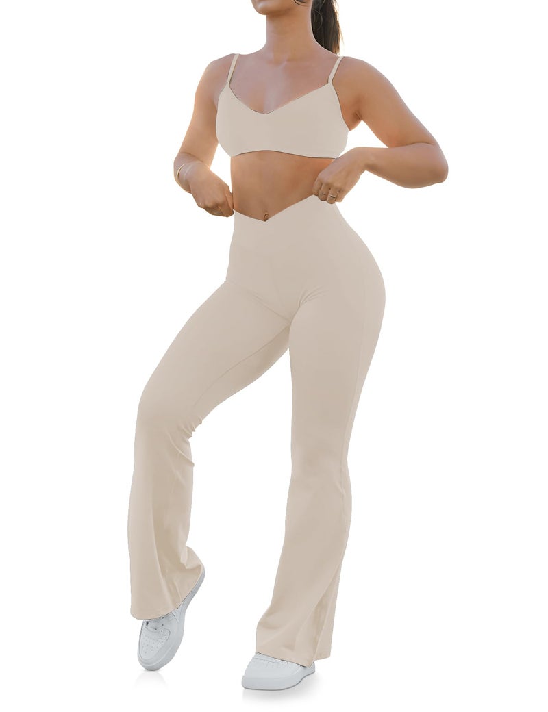 HEGALY Women's Flare Yoga Pants - Crossover Flare Leggings Buttery Soft High Waisted Workout Casual Bootcut Pants Light Khaki - Image 2