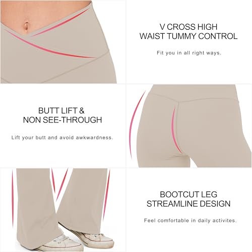 HEGALY Women's Flare Yoga Pants - Crossover Flare Leggings Buttery Soft High Waisted Workout Casual Bootcut Pants Light Khaki - Image 5