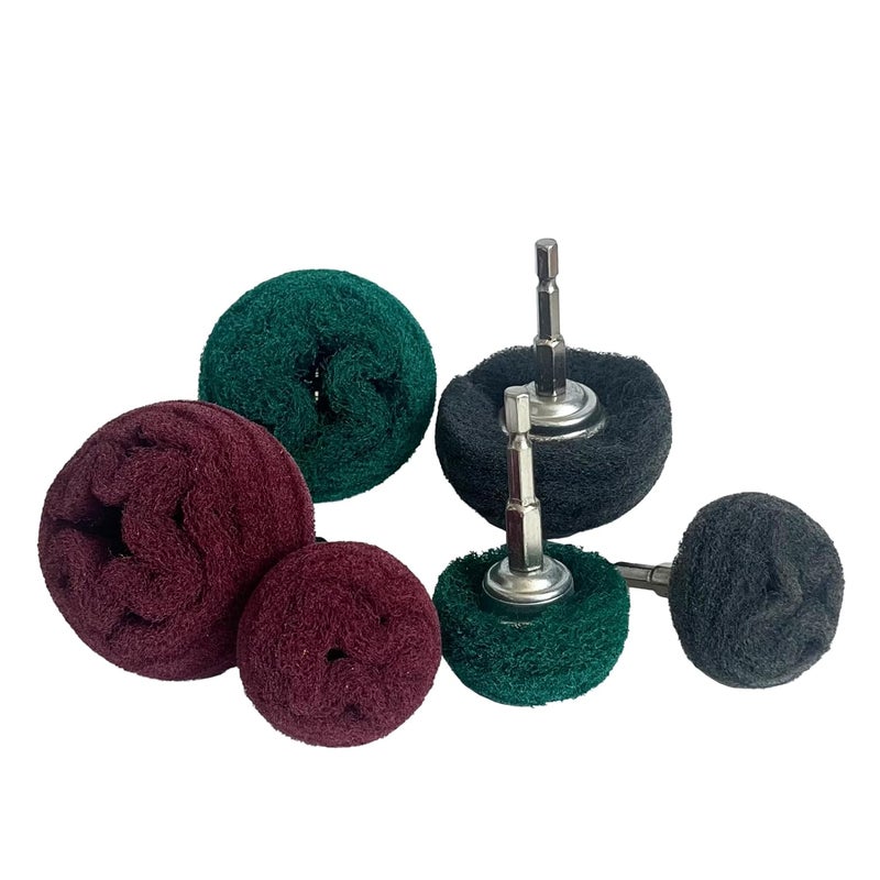Banmo Abrasive 6PCS Non Woven Abrasive Buffing Polishing Wheel Drill Attachment Set,Scouring Pads Power Scrubber Cleaning Kit, Power-Operated Abrasive Wheels Red Green Gray 1/4” Hex Shank 320# 180# 800# - Image 1