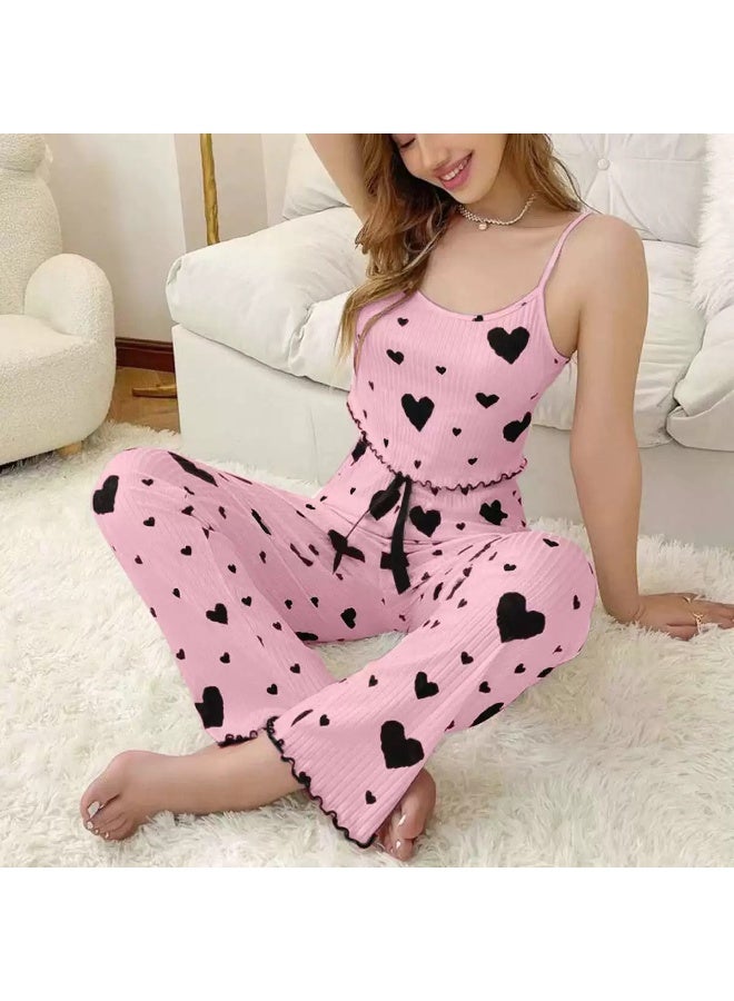 Women Pajama 2 Piece Set With Heart Print Ribbed Crop Top Stretch Long Pants Women Sleepwear Nightwear For Women