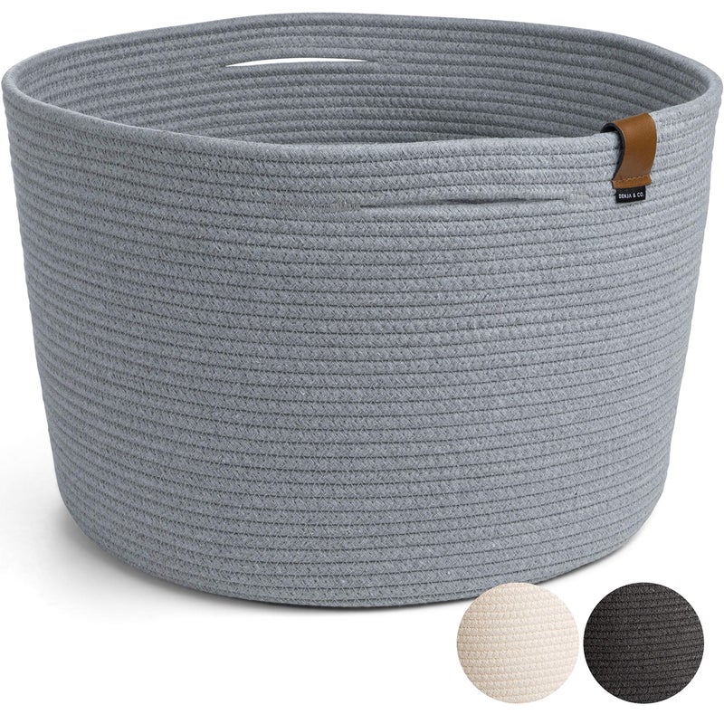 DENJA & CO Large Blanket Basket for Living Room - Decorative Woven Baskets for Storage | Cotton Rope Large Baskets for Blankets  Pillows  Toys  or Laundry | Light Gray (17.7 "" Wide x 11.4 "" Tall)