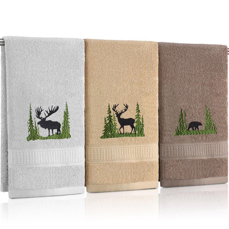 FuWeave 3 Pcs Farmhouse Cabin Bear Hand Towels Forest Moose Deer Embroidered Rustic Decorative Bathroom Towels for Bathroom Kitchen Decor, 100% Cotton, 13.3 x 29.5'' - Image 1