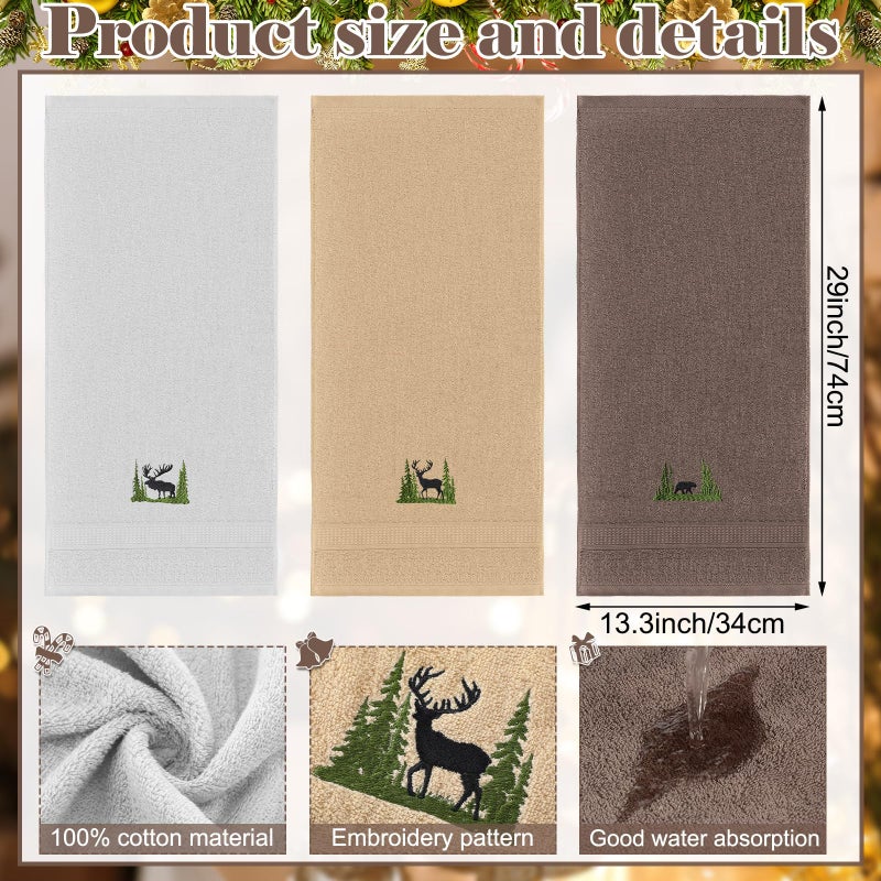 FuWeave 3 Pcs Farmhouse Cabin Bear Hand Towels Forest Moose Deer Embroidered Rustic Decorative Bathroom Towels for Bathroom Kitchen Decor, 100% Cotton, 13.3 x 29.5'' - Image 2