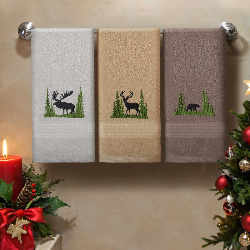 FuWeave 3 Pcs Farmhouse Cabin Bear Hand Towels Forest Moose Deer Embroidered Rustic Decorative Bathroom Towels for Bathroom Kitchen Decor, 100% Cotton, 13.3 x 29.5'' - Image 4