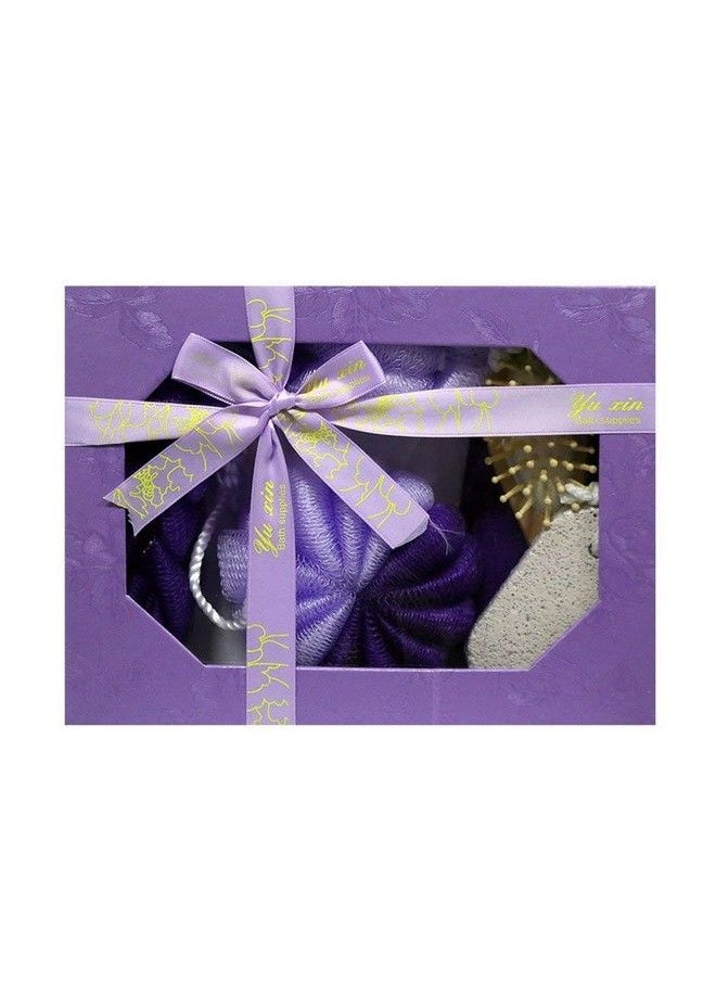 EZ Life - 5 Pcs Spa Bath Hamper Set Purple Loofah Scrubber Brush Pumice Stone & Napkin - Image 1