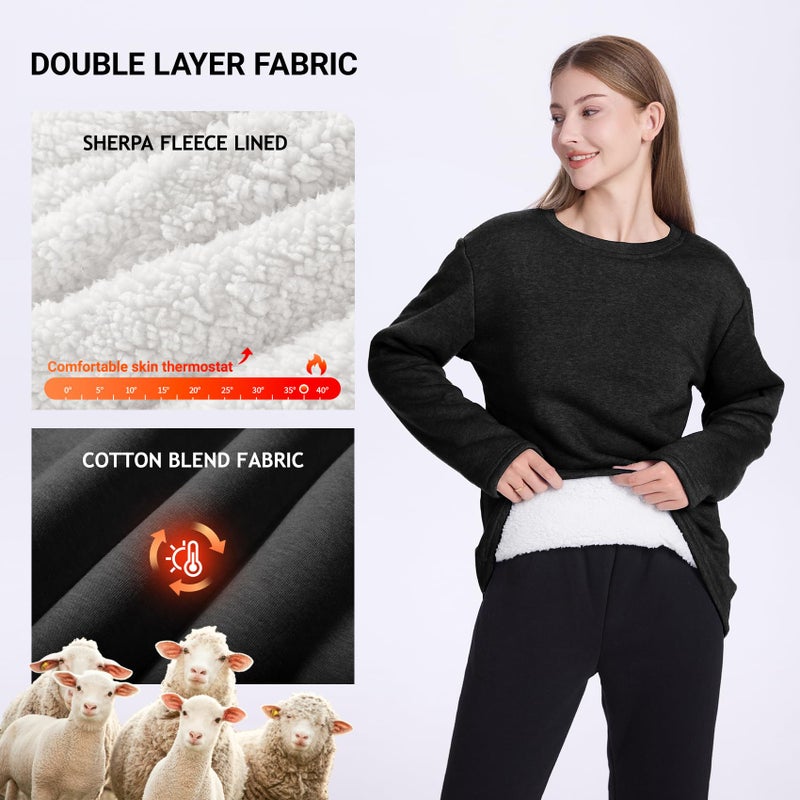 PEHMEA Women's Winter Warm Sherpa Lined Fleece Sweatshirt Crewneck Sport Pullover Loungewear Tops(Black-XL) - Image 4