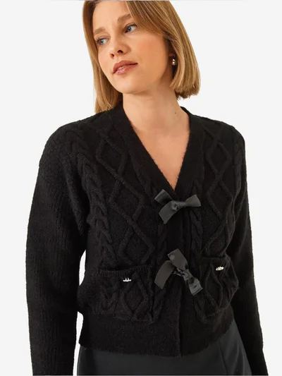 Bianco Lucci LUCCI Textured V-Neck Cropped Cardigan with Pompom