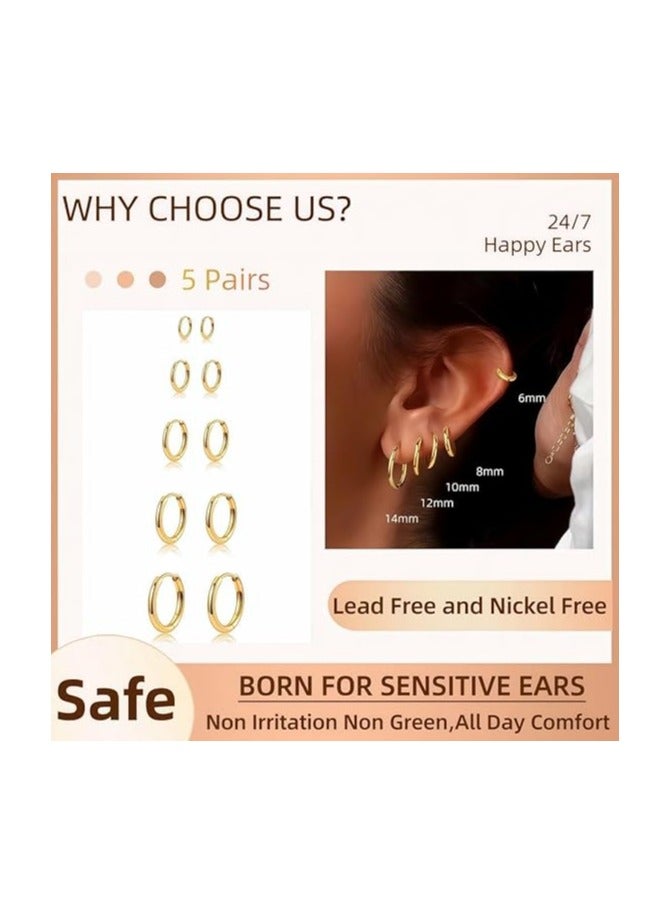 KHAJUL 5 Pairs Stainless Steel Small Hoop Earrings for Women, Gold Plated Minimalist Huggie Hoops Hypoallergenic Nickel-Free Everyday Jewelry Non-Tarnish (One Size) - Image 3