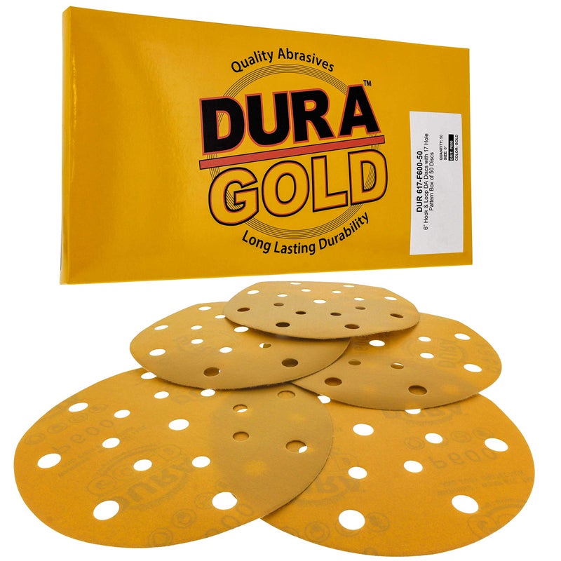 DuraGold Premium 6 Gold Sanding Discs 600 Grit Box of 50 17 Hole Pattern Dustless Hook Loop Backing Sandpaper for DA Sanders Aluminum Oxide Abrasive Sand Automotive Paint Woodworking Wood