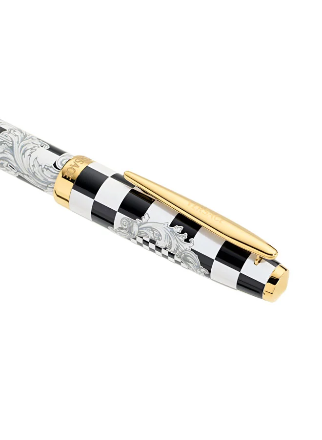 VERSACE Checkerboard Gold Clip Silver Black Barocco Pattern Roller Pen with Blue Ink for Men
