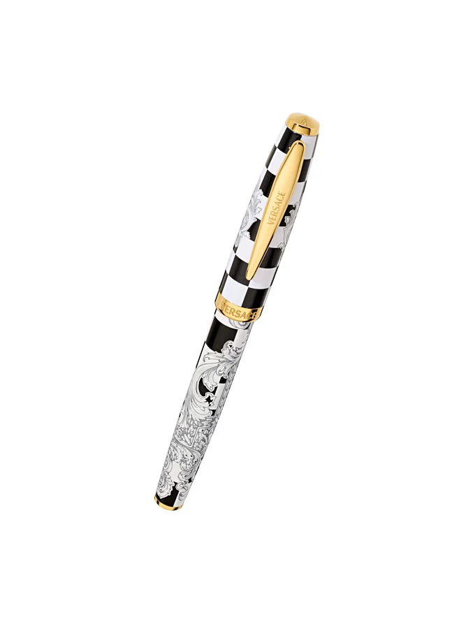 VERSACE Checkerboard Gold Clip Silver Black Barocco Pattern Roller Pen with Blue Ink for Men