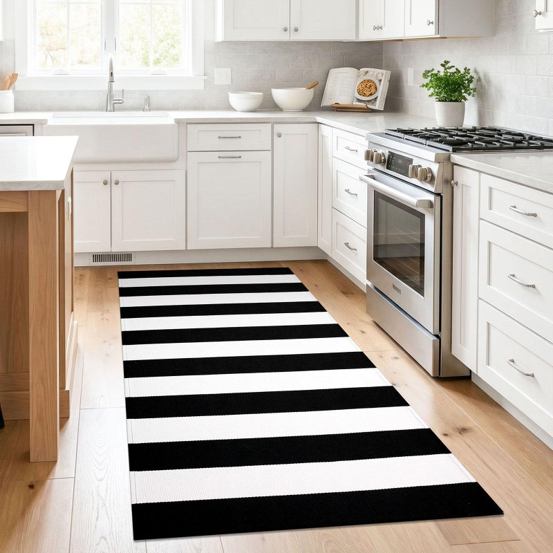 KILOCOCO Black White Striped Rug - 3'X5' Front Door Mat Outdoor, Welcome Mats Rugs Cotton Washable Front Porch Rug Layered Doormats for Kitchen Farmhouse Entryway - Image 4
