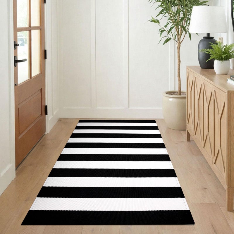 KILOCOCO Black White Striped Rug - 3'X5' Front Door Mat Outdoor, Welcome Mats Rugs Cotton Washable Front Porch Rug Layered Doormats for Kitchen Farmhouse Entryway - Image 2