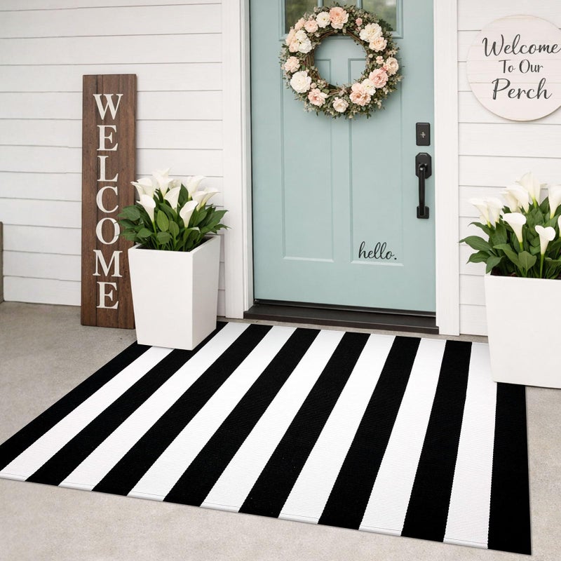 KILOCOCO Black White Striped Rug - 3'X5' Front Door Mat Outdoor, Welcome Mats Rugs Cotton Washable Front Porch Rug Layered Doormats for Kitchen Farmhouse Entryway - Image 1
