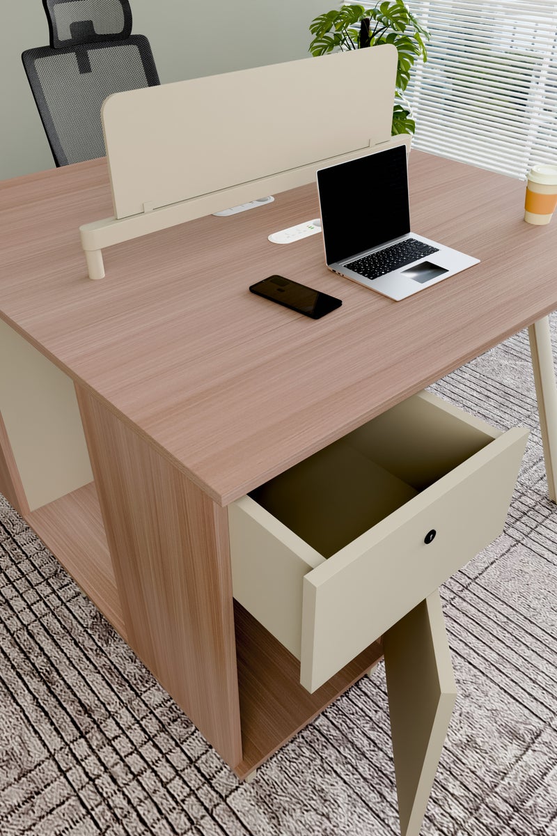 NEO FRONT FURNITURE 2-Seater Face-to-Face Workstation with Drawer Lockers & USB Charging Hub – 1200×1200×1050mm Executive Office Table, Beige & Brown MDF with Metal Legs (XS-Y-Z1212)  - Image 5
