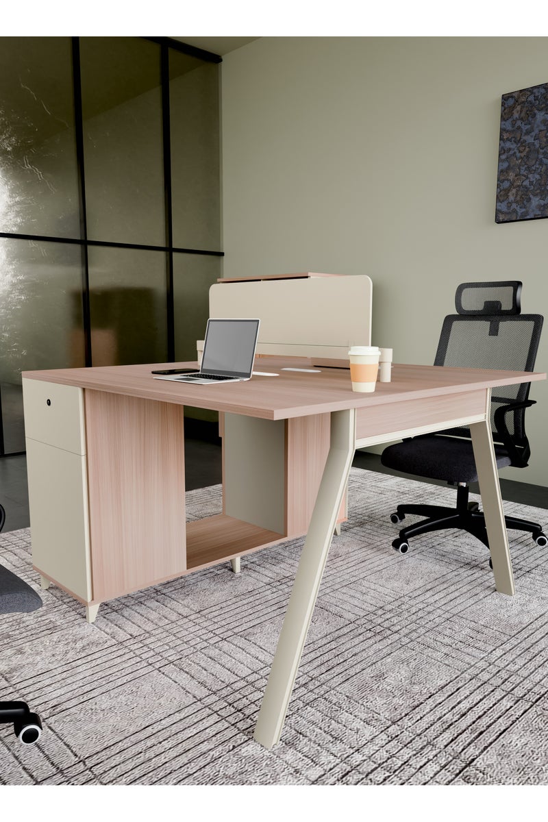 NEO FRONT FURNITURE 2-Seater Face-to-Face Workstation with Drawer Lockers & USB Charging Hub – 1200×1200×1050mm Executive Office Table, Beige & Brown MDF with Metal Legs (XS-Y-Z1212)  - Image 2