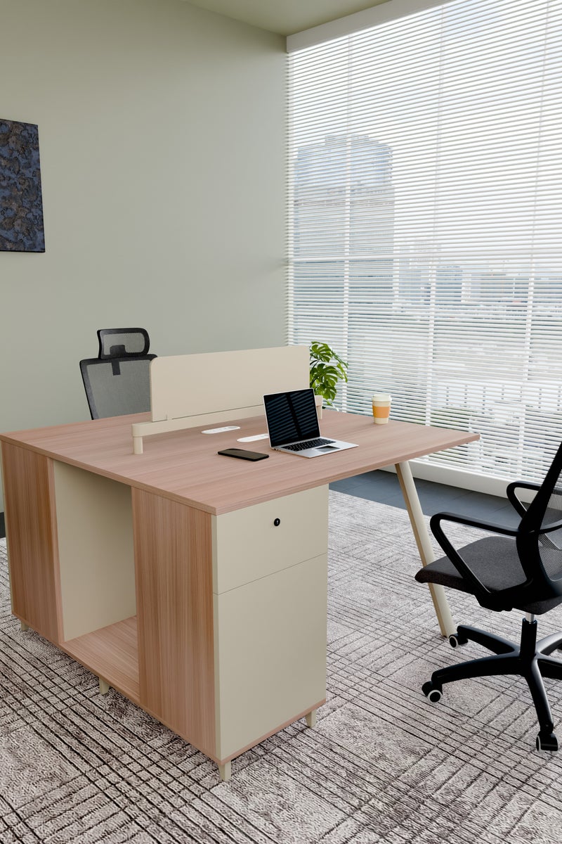NEO FRONT FURNITURE 2-Seater Face-to-Face Workstation with Drawer Lockers & USB Charging Hub – 1200×1200×1050mm Executive Office Table, Beige & Brown MDF with Metal Legs (XS-Y-Z1212)  - Image 1
