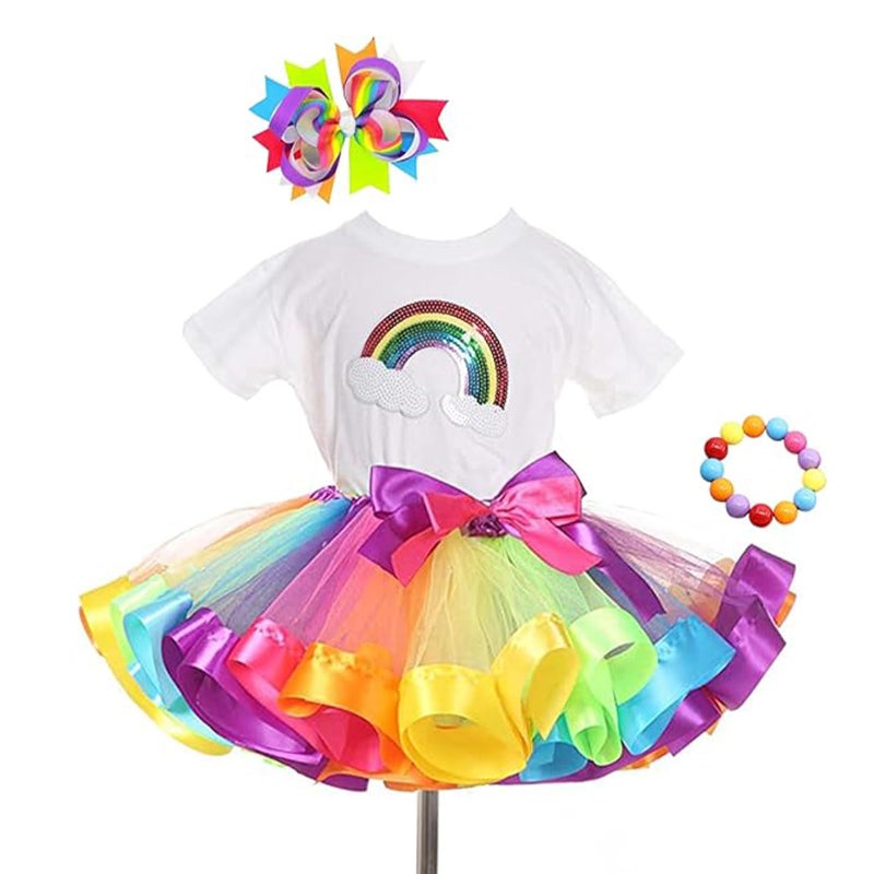 JOINSI Girls Kids Rainbow T-Shirt and Colorful Ballet Tutu Skirt & Hair Bows with Beaded Bracelet Set - Image 1