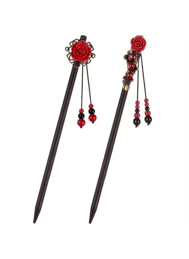 WILLBOND 2 Pieces Japanese Chinese Hair Chopsticks for Women Retro Wooden Hairpin Flower Hair Chopsticks Handmade Wooden Hair Stick Classic Hair Chopstick Hair Pins for Long Hair  - Image 1