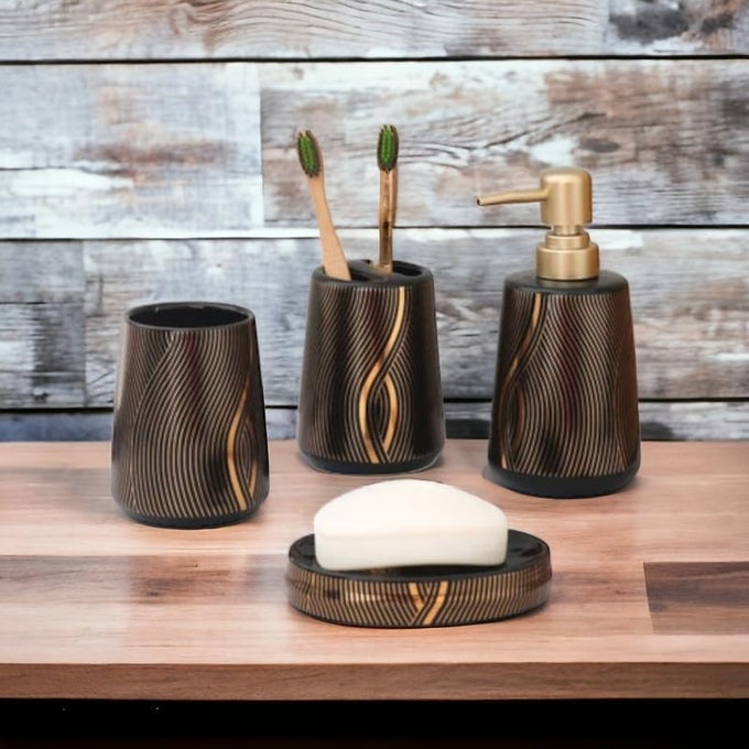 CERAMIC BATHROOM ACCESSORIES SET CERAMIC 4 PIECES BATHROOM ACCESSORIES SET SOAP DISPENSER TOOTHBRUSH HOLDER TUMBLER SOAP DISH THE BEST GIFTING CHOICE BLACK