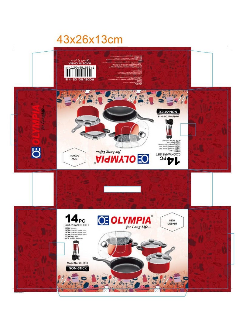 14-Piece Non Stick Cookware Set Red